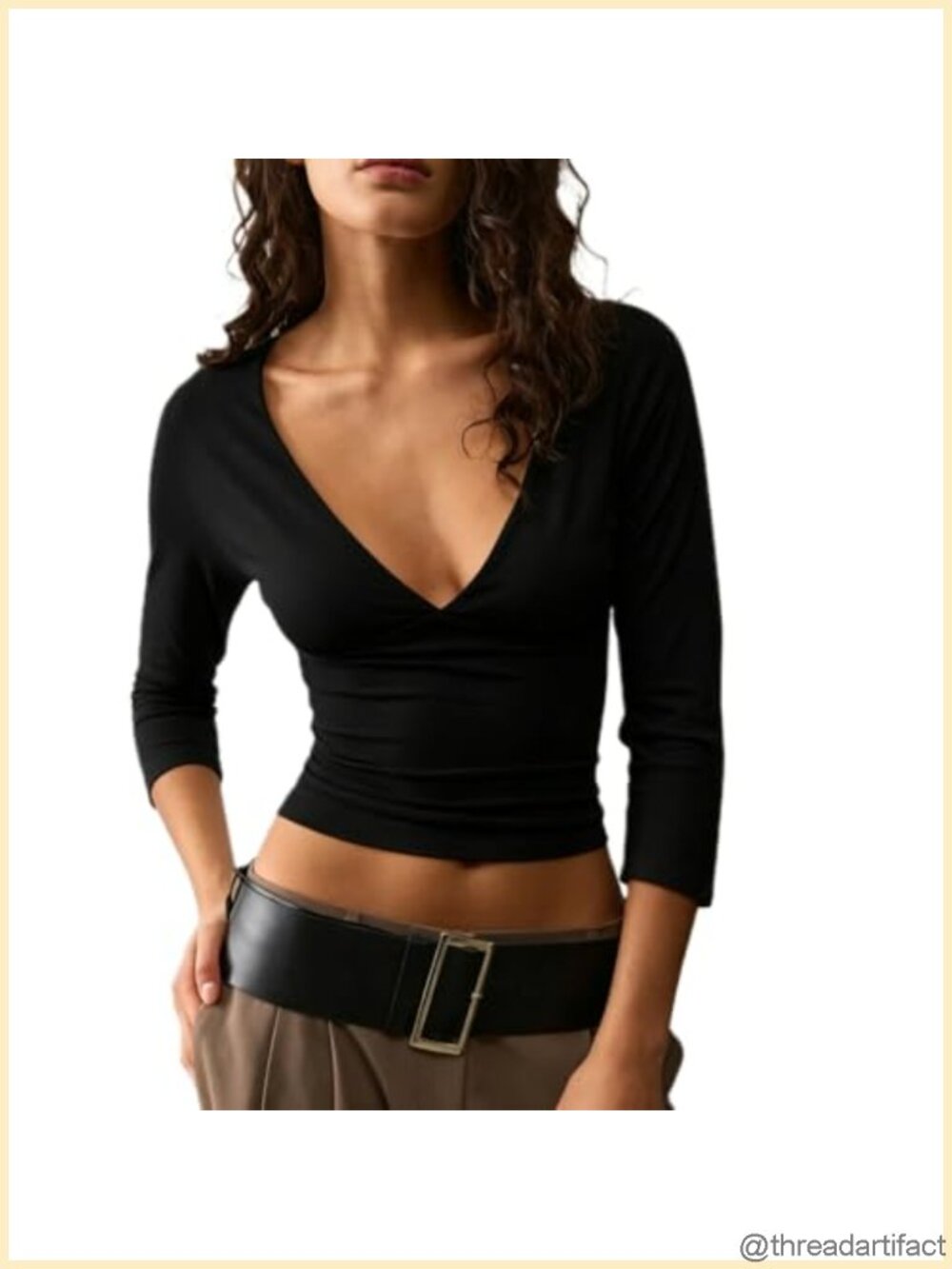Women's 3/4 Sleeve Deep V Neck Backless Crop Top Slim Fit Y2K Summer Tee